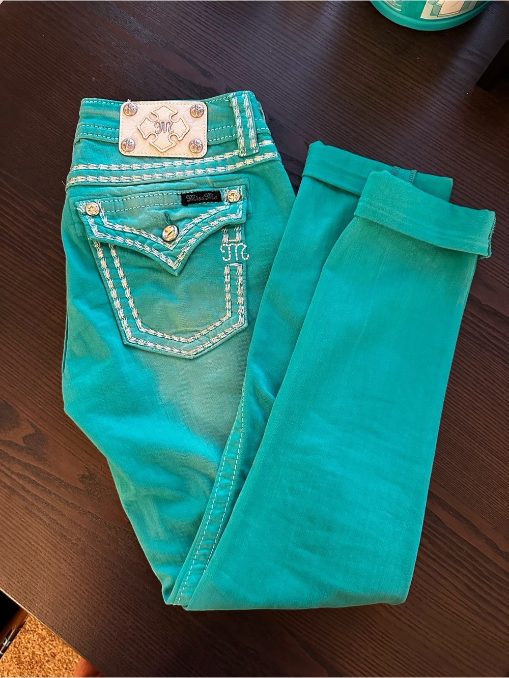 Miss Me Teal Skinny Jeans Embellished Bling Back Pockets Y2K